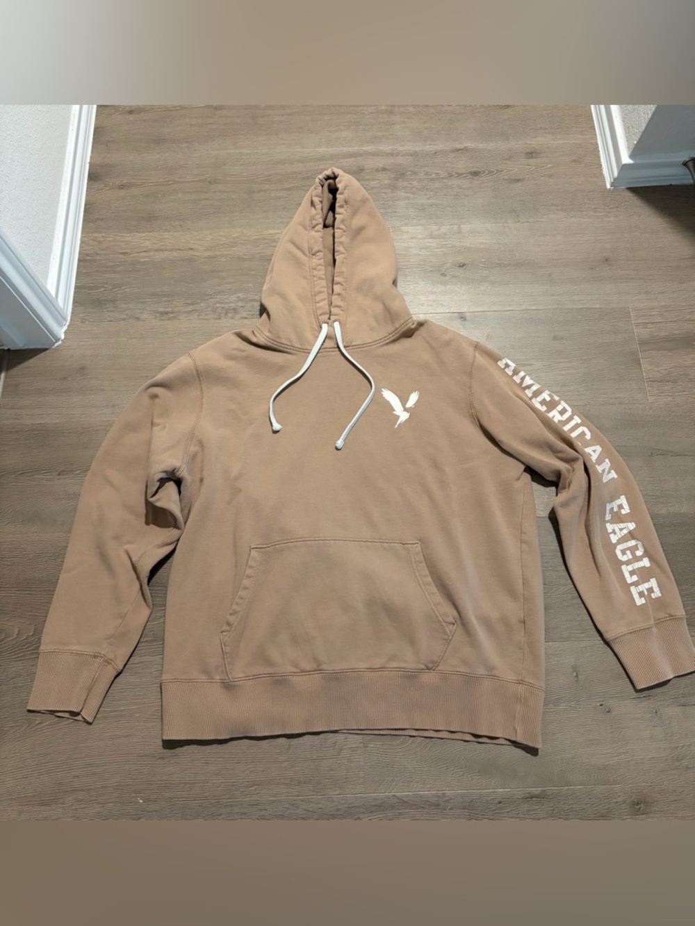 American Eagle Outfitters Tan Turtleneck Hoodie with White Logo